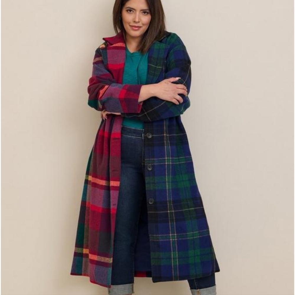 Torrid Dual plaid wool coat, size, 0, L, 12, NWT Blue/Green/Red/Orange